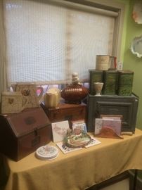 Vintage Tin Pie Keeper and Two adorable Breadboxes as well as a McCoy Football cookie jar.