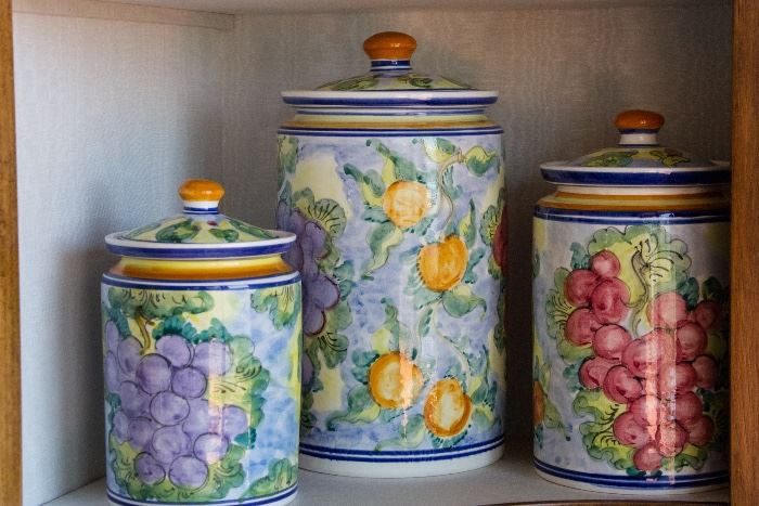 Italian Hand Painted Pottery Canisters.  Set Of 3.  $60.00