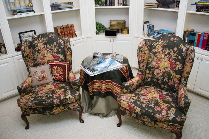Custom Made Wing Back Chairs /Floral Upholstery and Queen Ann Legs:  $900.00 (for the pair)  Needle Point Pillows:  $30.00