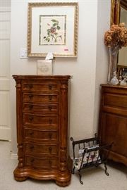Jewelry Chest (22"w x 43"h x 16"d):  2 Door, Lifting Top, 6 Drawer:  $220.00. Botanical Picture:  $40.00
