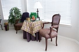 Round Table (4 pc) w/Linen and Glass Top:  $90.00  3 Footed Lamp:  $80.00  Faux Raphis Palm and Pot:  $45.00  Rose Arrangement:  $30.00