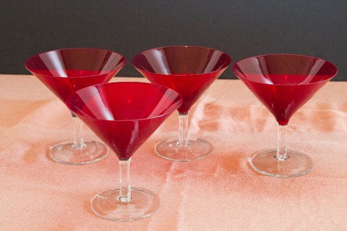 Red and Clear Glass Martini Glasses.  (6 available)  $12.00 ea.