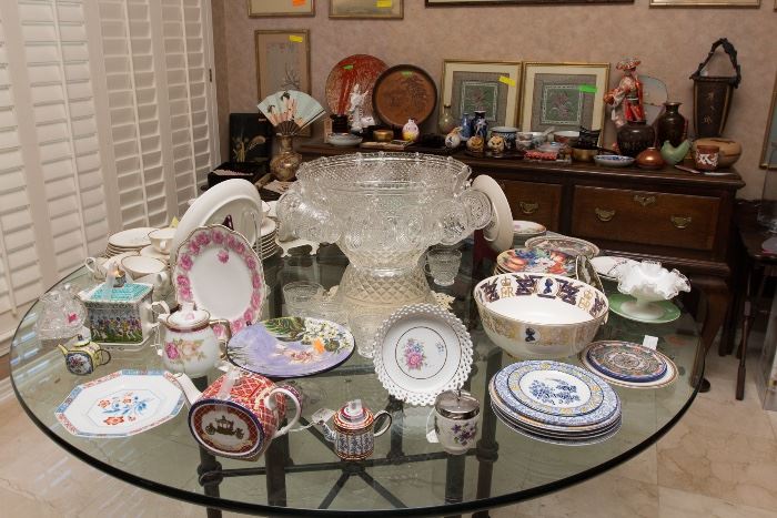 So Many Pretty Dishes and Tea Pots!  Punch Bowl, Pedestal and 20 Cups:  $60.00  [Glass and Iron Table Stays w/Family]
