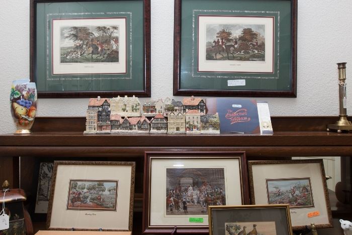 Fox and Hounds Prints (4):  $120.00  Great British Pubs Collection:  $12-$18.00 ea.  Framed, Signed Stitchery:  $45.00-$150.00.  [Bureau Stays w/Family]