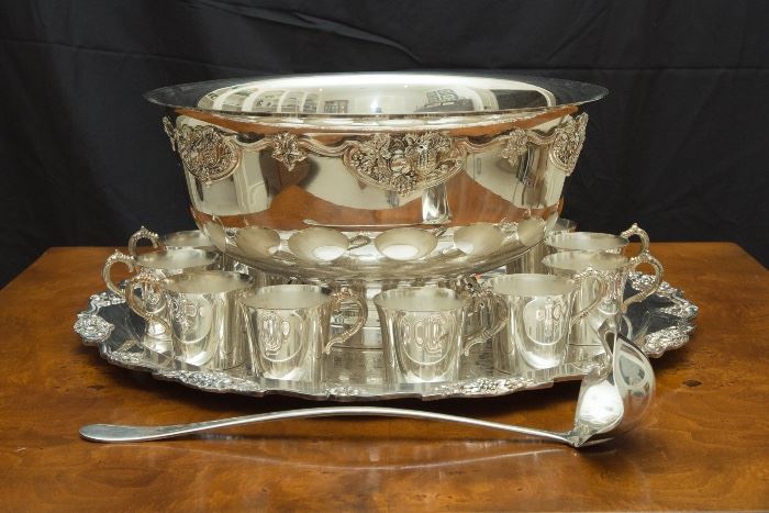 Wallace Silver Plate Punch Bowl, Under Plate, Ladle and 12 Cups:  $150.00