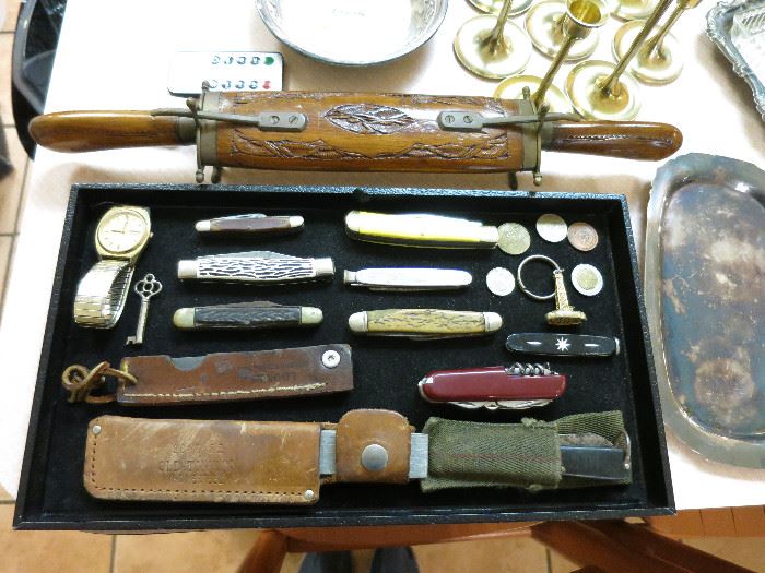 Vintage Knives, Schrade Old Timer Honesteel, Vintage Wooden Sheath Carving Set