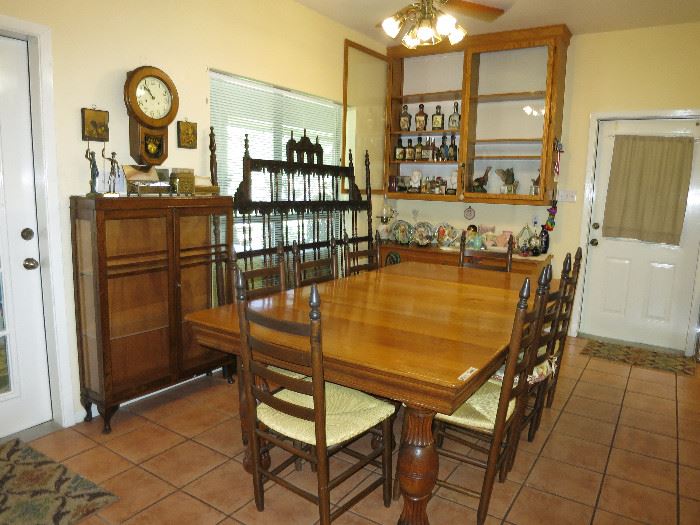Vintage Oak Dining Room Table With Three Leaves and 8 Chairs, Mission Style Display Cabinet, Mediterranean Style King Size Headboard And More!