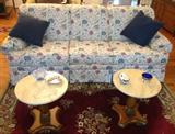 Lovely Sofa and Pair of Hard Rock Maple End Tables with Round Marble Tops