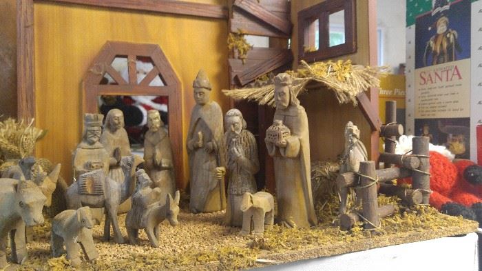 Beautiful hand-carved wooden vintage nativity set