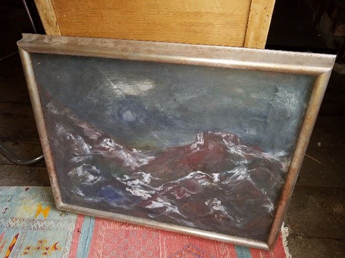 Signed oil painting by Kenneth Callahan. (1905-1986). Dark Modernist Abstract seascape painting.