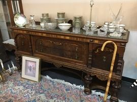 Beautiful Antique Burled Wood Side Board with Glass Top 