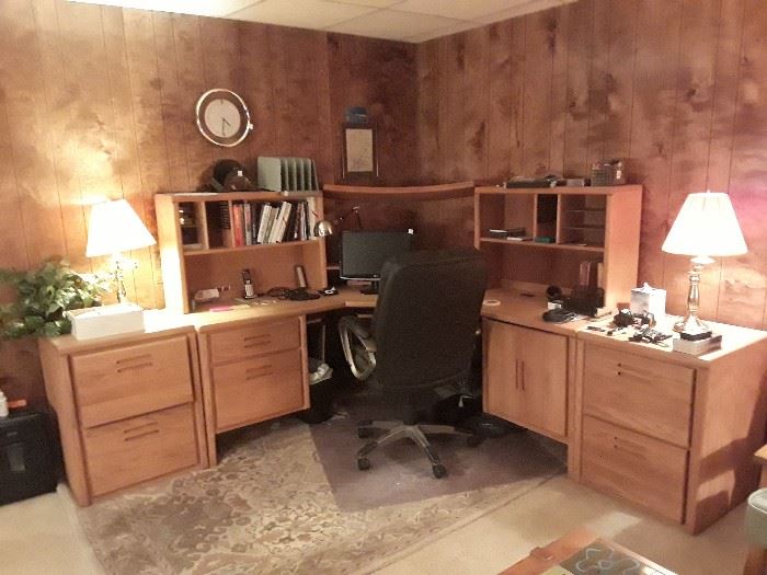 Corner desk with hutch and two file cabinets