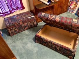 Two ottomans with trunk style lids - ideal for storage.