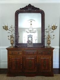 Hand painted Indonesian 3-drawer/door chest (measures 36"h x 60"w x 18"d) pair of vintage French gilt wooden candlesticks, FABBY late 19th century carved oak overmantel mirror, the crest with a shield bearing the letters A & S against a large scroll, all flanked by fully formed flowers and fruit, the frame repeating stylized foliate designs; measures 62" h x 44" w x 4"d.