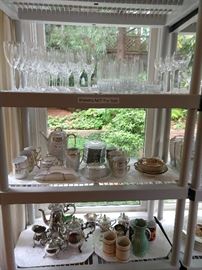 Entire set of Orrefors crystal stemware, vintage Japanese lustreware, silverplated tea set, assorted goo gaw.