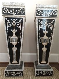 Very nice pair of contemporary Neoclassical inspired composite pedestals, the body of each with crackle-style decoration of foliate scrolls surmounting urns on pedestals, measures 42"h x 12"sq. top.