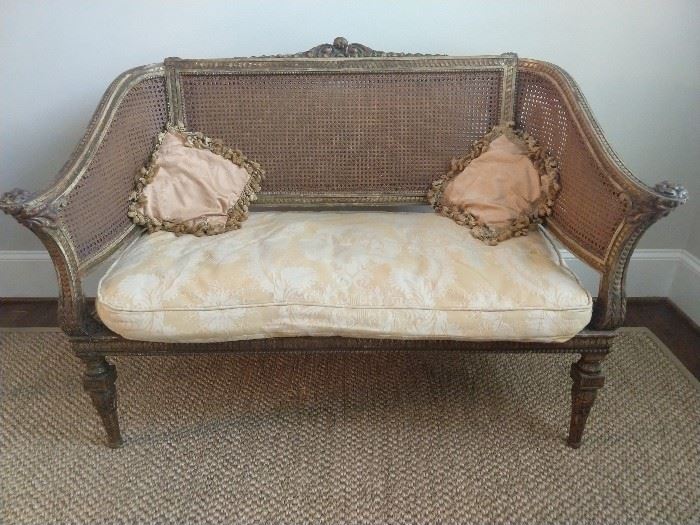 THIS is quite nice! A vintage French settee, with carved gilt wood frame and ALL double cane intact.