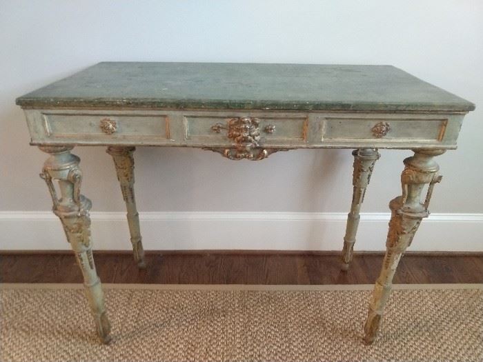 Another wonderful antique French piece! Faux marble top, perfect green patina, with gold accents. 