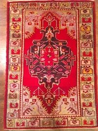 Vintage Persian Heriz design Turkish tribal rug, hand woven, 100% wool, measures 3' 5" x 4' 9".