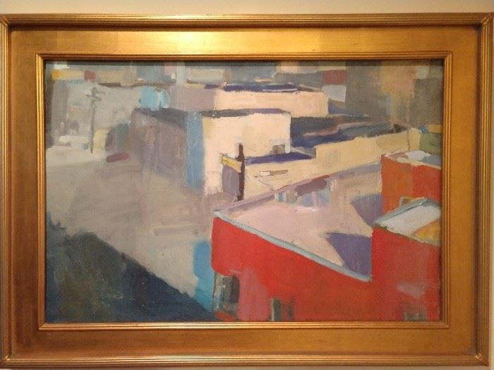 Contemporary abstract oil on canvas depicting a geometric city scene, in a palette of reds, white and blues, inscribed "Trevor"on the reverse side; measures 20"h x 30"w, overall dimensions including frame 26"h x 36"w x 2"d.