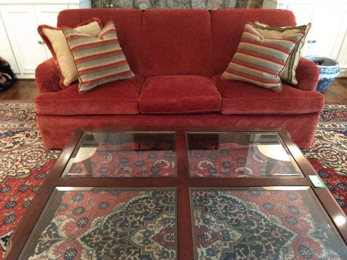 Ethan Allen Mahogany/beveled glass coffee table, vintage Grizzel And Mann sofa.