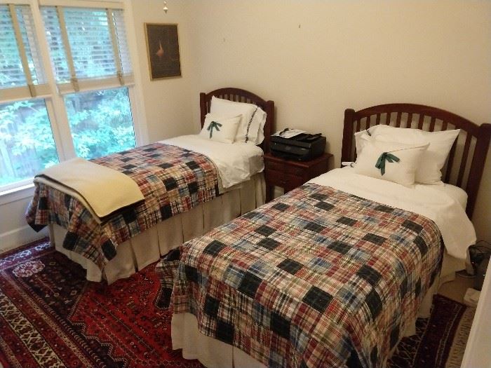 Sweet twin beds, by Bob Timberlake, with Ann Gish custom linen bedskirts, Peacock Alley sheets.