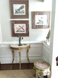 One of a pair of vintage French gilt wood demilune tables, with three of set/6 vintage bird prints, well framed and matted; one pf a pair of Asian low stools, with pink marble tops.