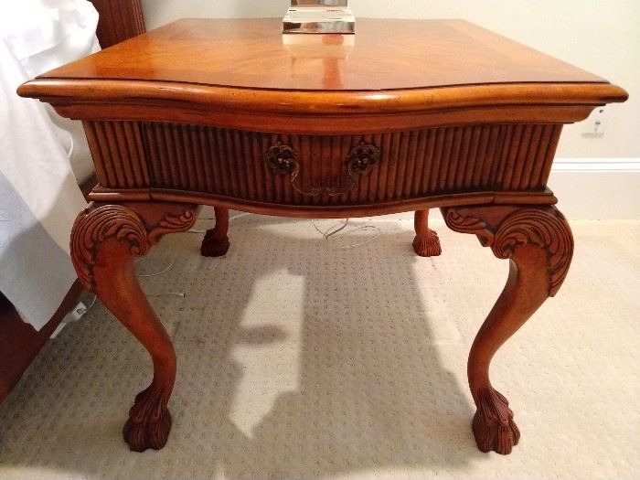 One of a pair of Hickory-White carved/banded mahogany single drawer tables.