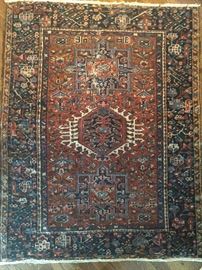 Great size vintage hand woven Persian Heriz rug, 100% wool face,  measures 4' 6" x 3' 8".