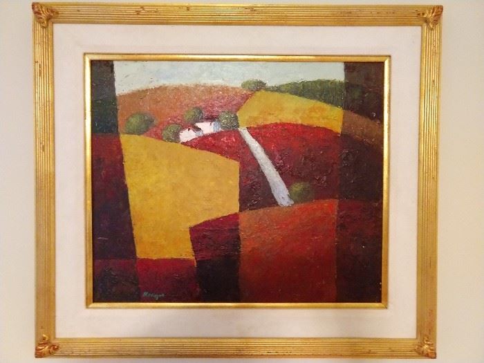 Original oil on canvas, signed Mauvique (Peruvian, born 1950) depicting houses in the countryside with a palette of red, orange and yellow; measures 20"h x 24" overall dimensions including frame 28.5"h x32.5"w x 3"d.