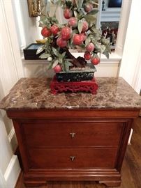 3-drawer marble top side chest, by Stickley Furn. Co., each drawer centering a shield escutcheon with key, the whole rising on four bracket feet, measures 30"h x 32"w x 17"d.