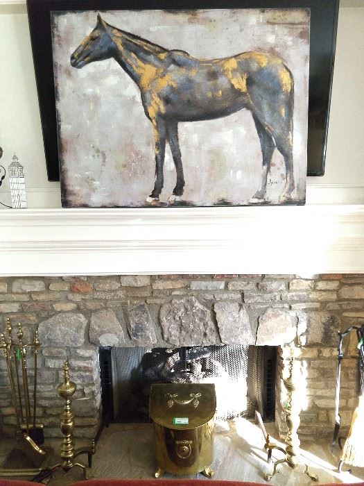 Nicely rendered original oil on canvas (40" x 40") horse art, above natural stone fireplace, complete with two sets of fire tools, vintage brass andirons and coal hod. 