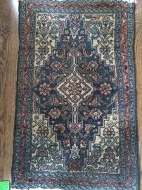 Vintage Persian tribal Hamadan rug, hand woven, 100% wool face, measures 1'6" x 2' 9".