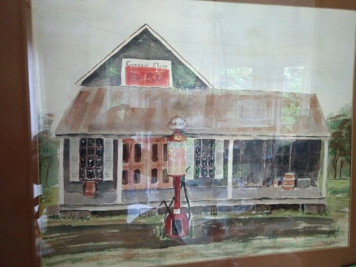 Original watercolor, by Mary Betts, Coca-Cola General Store, nicely framed/matted. 