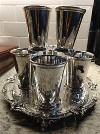 Set/6 English Sheffield silverplated Mint Juleps, on footed silverplated tray. 