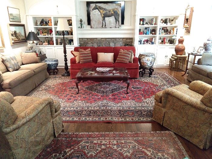 Light-filled den, with Grizzel And Mann sofa, pair of Grizzel And Mann paisley upholstered armchairs, matching Southwood upholstered sofa and loveseat, HUGE 10' x 15' hand woven Persian rug.