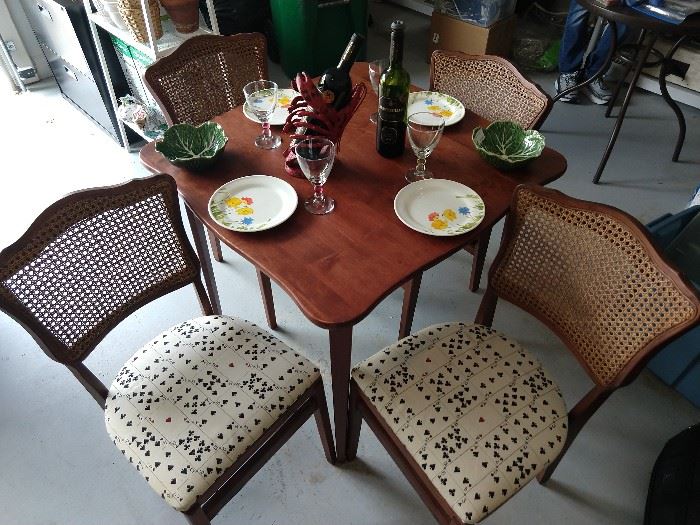 GREAT folding wooden table and upholstered chair set, by Stakmore Furn. Co. - Everything folds neatly away after the bridge gig...