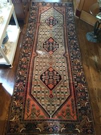 Vintage hand woven Persian Seneh Bijar runner, 100% wool face, measures 3' 6" x 9' 8".