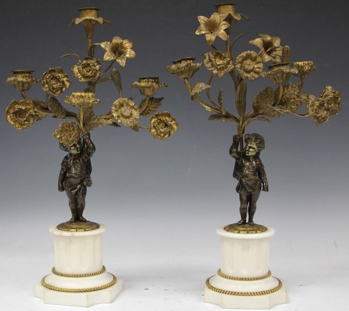 LOT #5022 - PAIR 19TH C. FRENCH BRONZE AND MARBLE CANDELABRAS