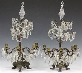 LOT #5029 - PAIR OF ROCK CRYSTAL METAL CANDLEABRAS, 1900'S