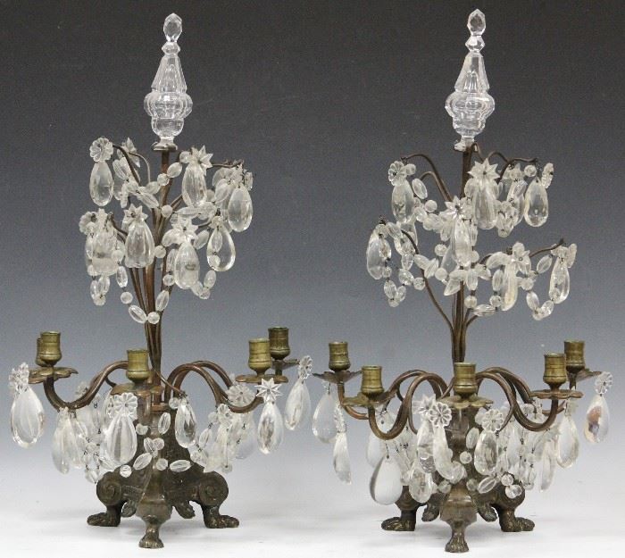 LOT #5029 - PAIR OF ROCK CRYSTAL METAL CANDLEABRAS, 1900'S