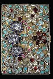 LOT #5049 - VINTAGE JEWELED .800 SILVER GOLD WASH COMPACT