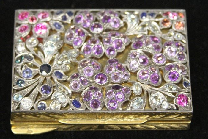 LOT #5052 - VINTAGE JEWELED .800 SILVER GOLD WASH COMPACT