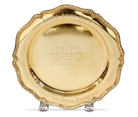 LOT #5075 - 1968 SANTA ANITA PASS THE BRANDY TROPHY PLATE 14KT GOLD, 429 GRAMS