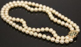 LOT #5091 - LADY'S EMERALD DIAMOND & PEARL 14KT GOLD NECKLACE