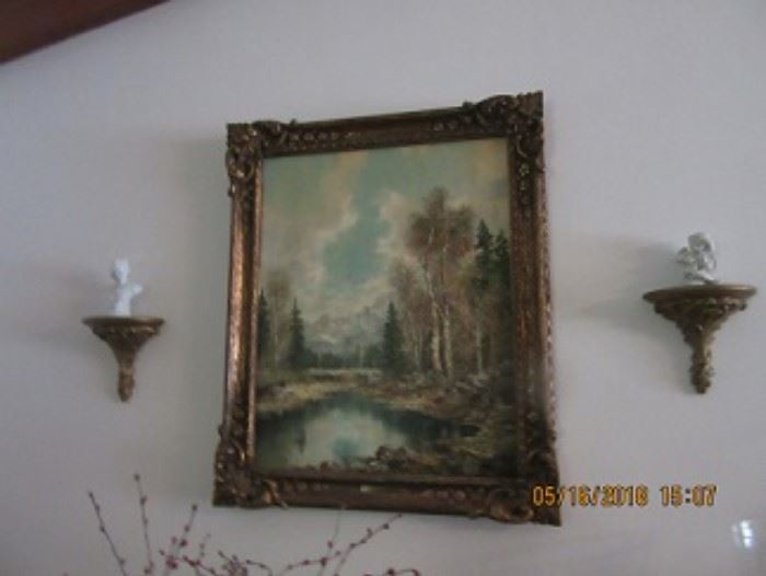 Fuhrman oil on Canvas of mountain scene with a stream. The shelves hold bisque figures. 