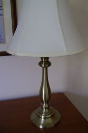Brushed brass base Stiffel lamp with white linen shade is 27 inches tall.