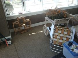 View of tea cart and plant stand, another plant stand in copper/metal available too