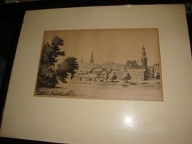 Framed L. Pescheret view of Whitewater WI , signed. 1937.