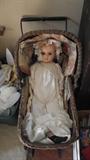 Vintage Wicker Buggy and Doll